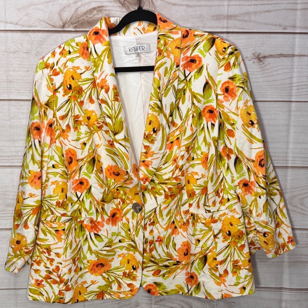 Kasper Womens 18W Floral Blazer Orange Yellow Green Single Button Jacket